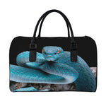 Blue Pit Viper Snake Print Leather Duffle Bag