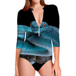 Blue Pit Viper Snake Print Long Sleeve Swimsuit