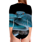 Blue Pit Viper Snake Print Long Sleeve Swimsuit