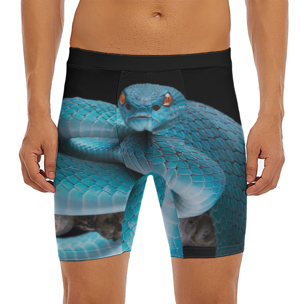 Blue Pit Viper Snake Print Men's Long Boxer Briefs