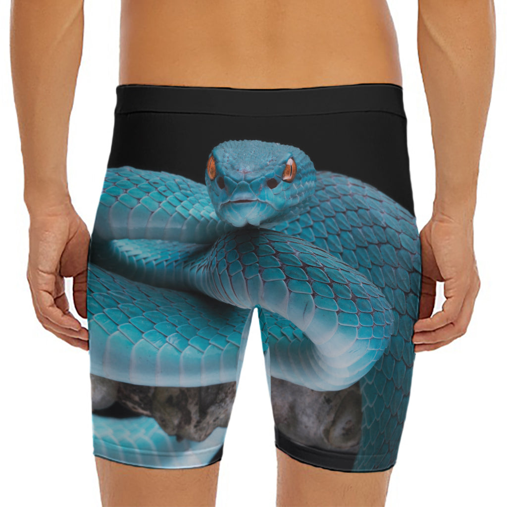 Blue Pit Viper Snake Print Men's Long Boxer Briefs