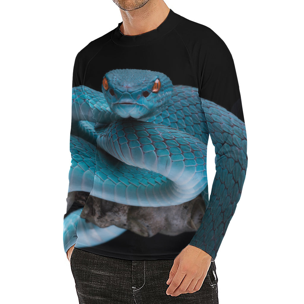 Blue Pit Viper Snake Print Men's Long Sleeve Rash Guard