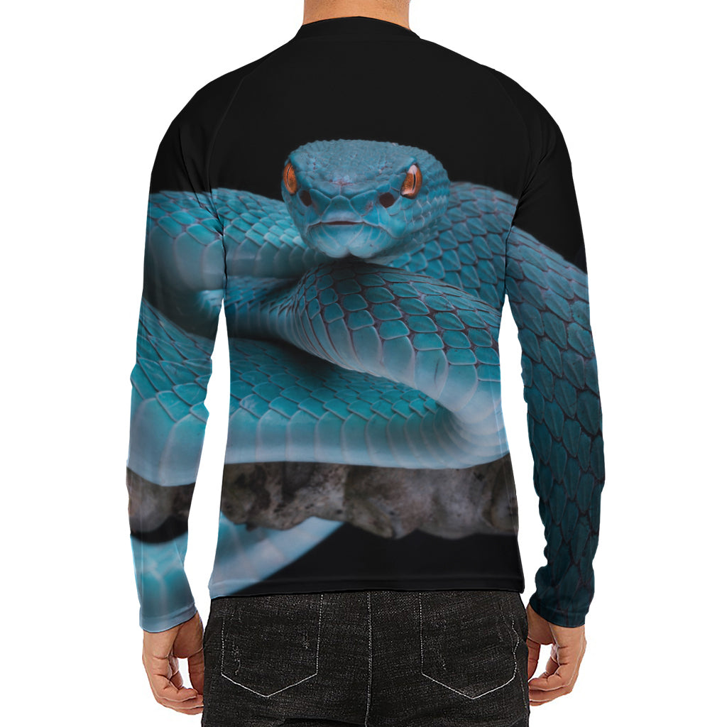 Blue Pit Viper Snake Print Men's Long Sleeve Rash Guard