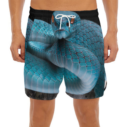 Blue Pit Viper Snake Print Men's Split Running Shorts