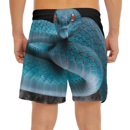 Blue Pit Viper Snake Print Men's Split Running Shorts