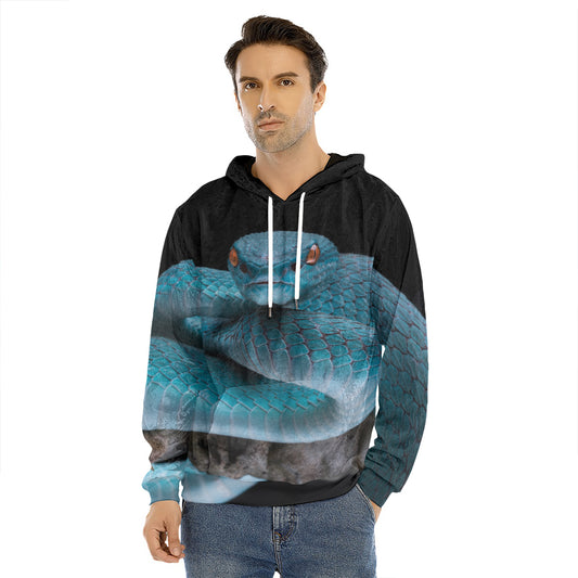 Blue Pit Viper Snake Print Men's Velvet Pullover Hoodie