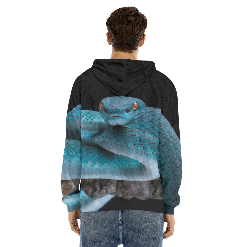 Blue Pit Viper Snake Print Men's Velvet Pullover Hoodie