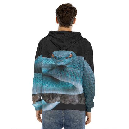 Blue Pit Viper Snake Print Men's Velvet Pullover Hoodie