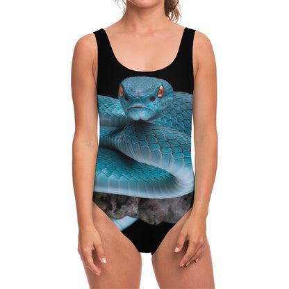 Blue Pit Viper Snake Print One Piece Swimsuit