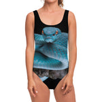 Blue Pit Viper Snake Print One Piece Swimsuit