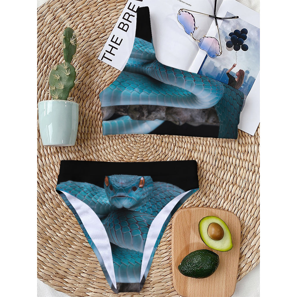 Blue Pit Viper Snake Print One Shoulder Bikini Top