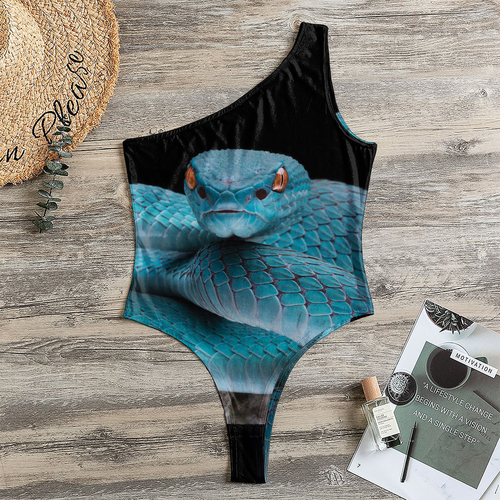 Blue Pit Viper Snake Print One Shoulder Bodysuit