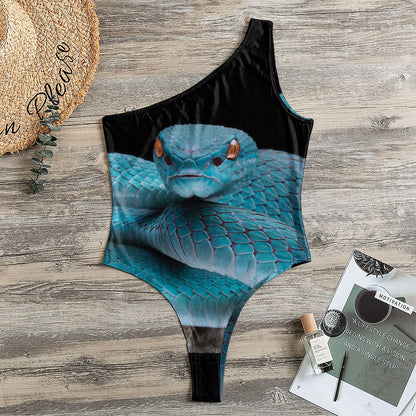 Blue Pit Viper Snake Print One Shoulder Bodysuit