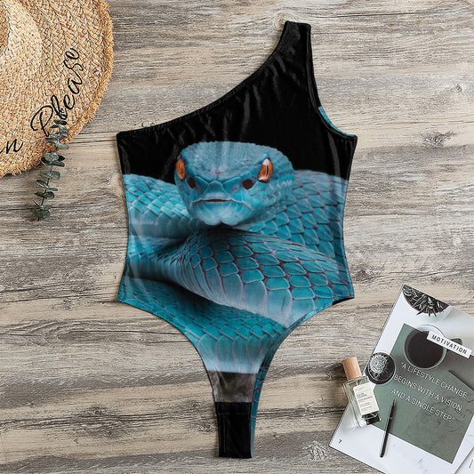 Blue Pit Viper Snake Print One Shoulder Bodysuit