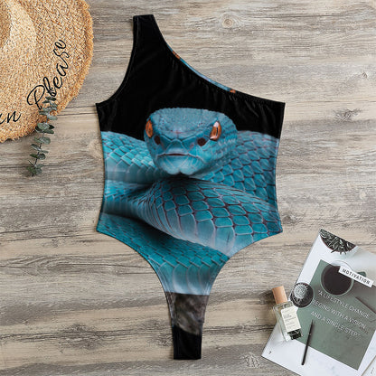Blue Pit Viper Snake Print One Shoulder Bodysuit