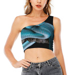 Blue Pit Viper Snake Print One Shoulder Crop Top