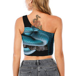 Blue Pit Viper Snake Print One Shoulder Crop Top