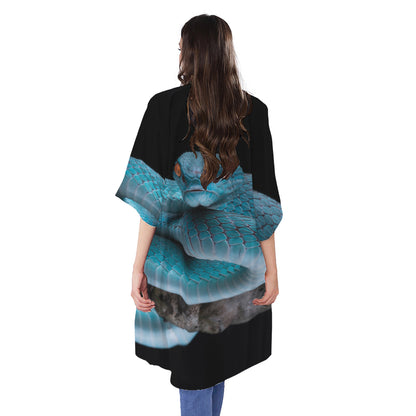 Blue Pit Viper Snake Print Open Front Beach Cover Up