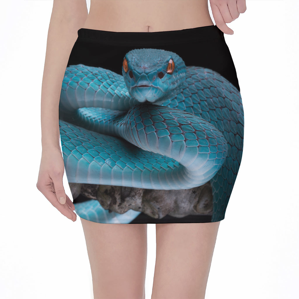 Blue Pit Viper Snake Print Pencil Mini Skirt