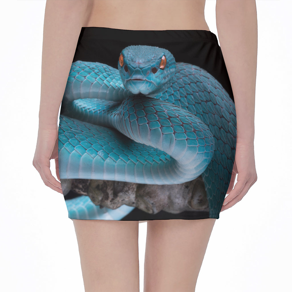 Blue Pit Viper Snake Print Pencil Mini Skirt