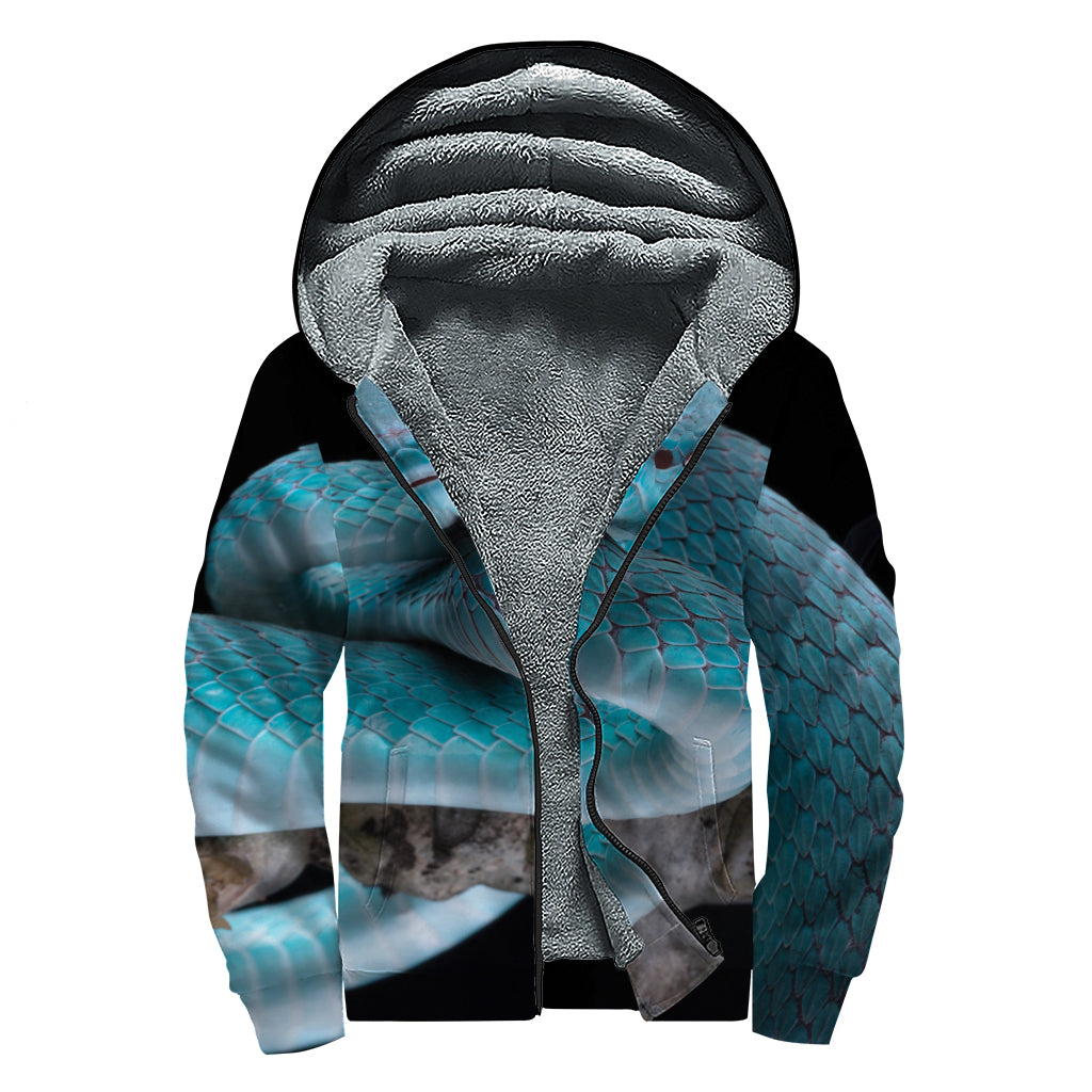 Blue Pit Viper Snake Print Sherpa Lined Zip Up Hoodie
