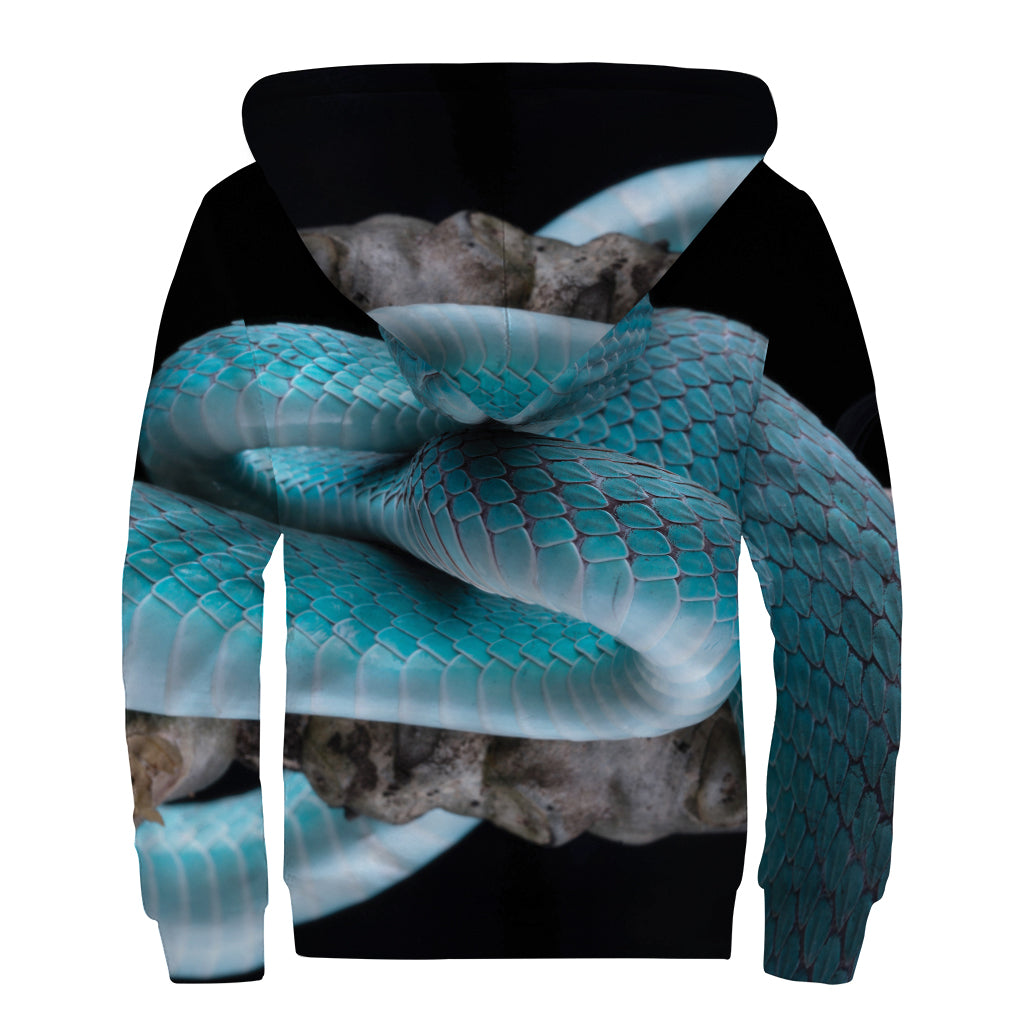 Blue Pit Viper Snake Print Sherpa Lined Zip Up Hoodie