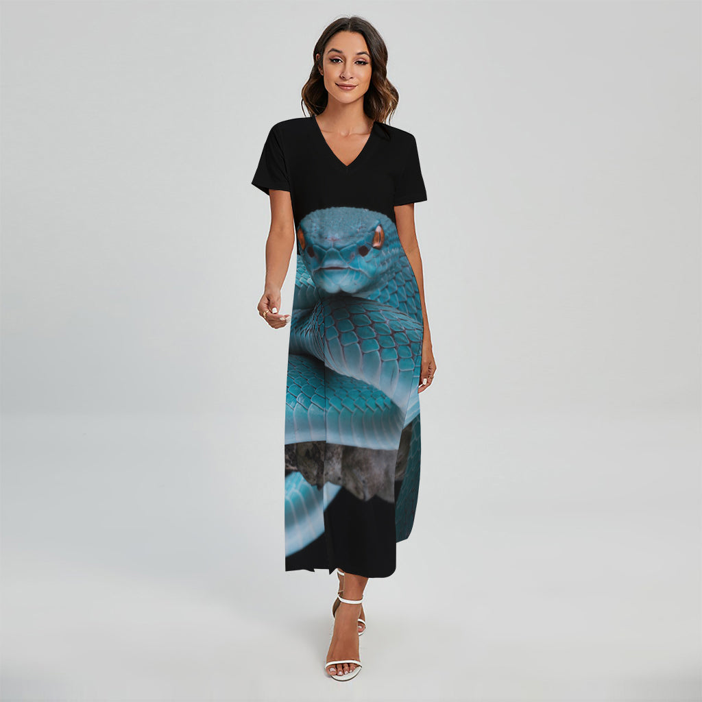 Blue Pit Viper Snake Print Short Sleeve Maxi Dress