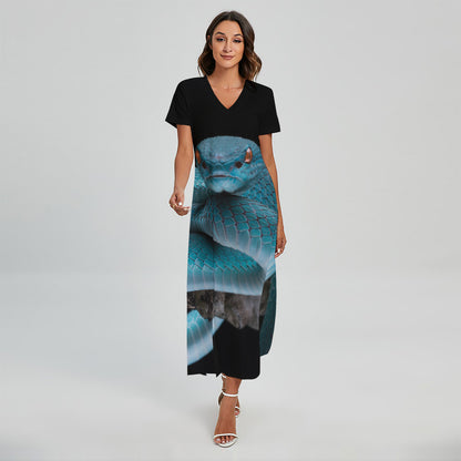 Blue Pit Viper Snake Print Short Sleeve Maxi Dress