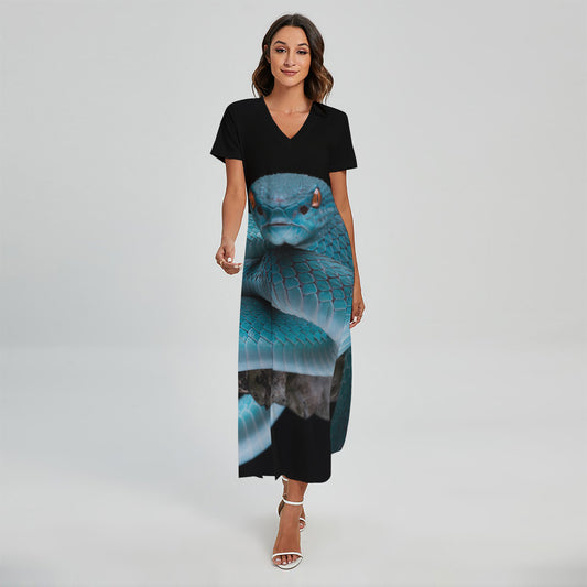 Blue Pit Viper Snake Print Short Sleeve Maxi Dress