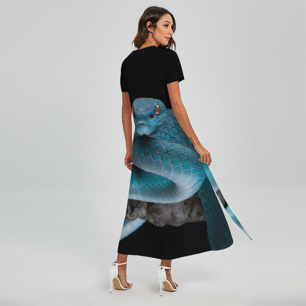 Blue Pit Viper Snake Print Short Sleeve Maxi Dress