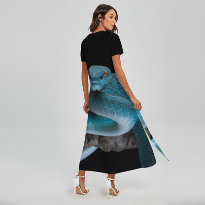 Blue Pit Viper Snake Print Short Sleeve Maxi Dress
