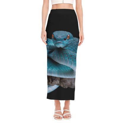 Blue Pit Viper Snake Print Side Slit Maxi Skirt