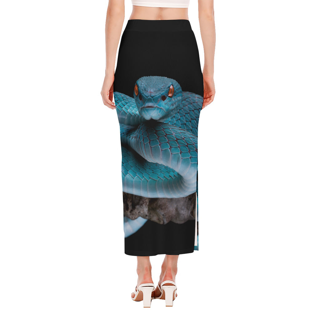 Blue Pit Viper Snake Print Side Slit Maxi Skirt