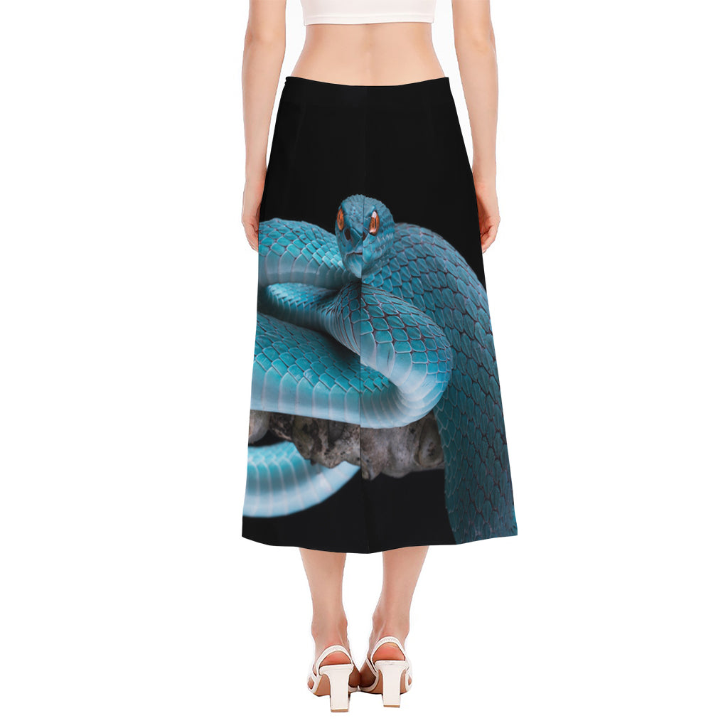 Blue Pit Viper Snake Print Side Slit Midi Skirt