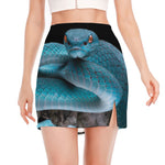 Blue Pit Viper Snake Print Side Slit Mini Skirt