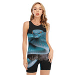 Blue Pit Viper Snake Print Sleeveless One Piece Swimsuit