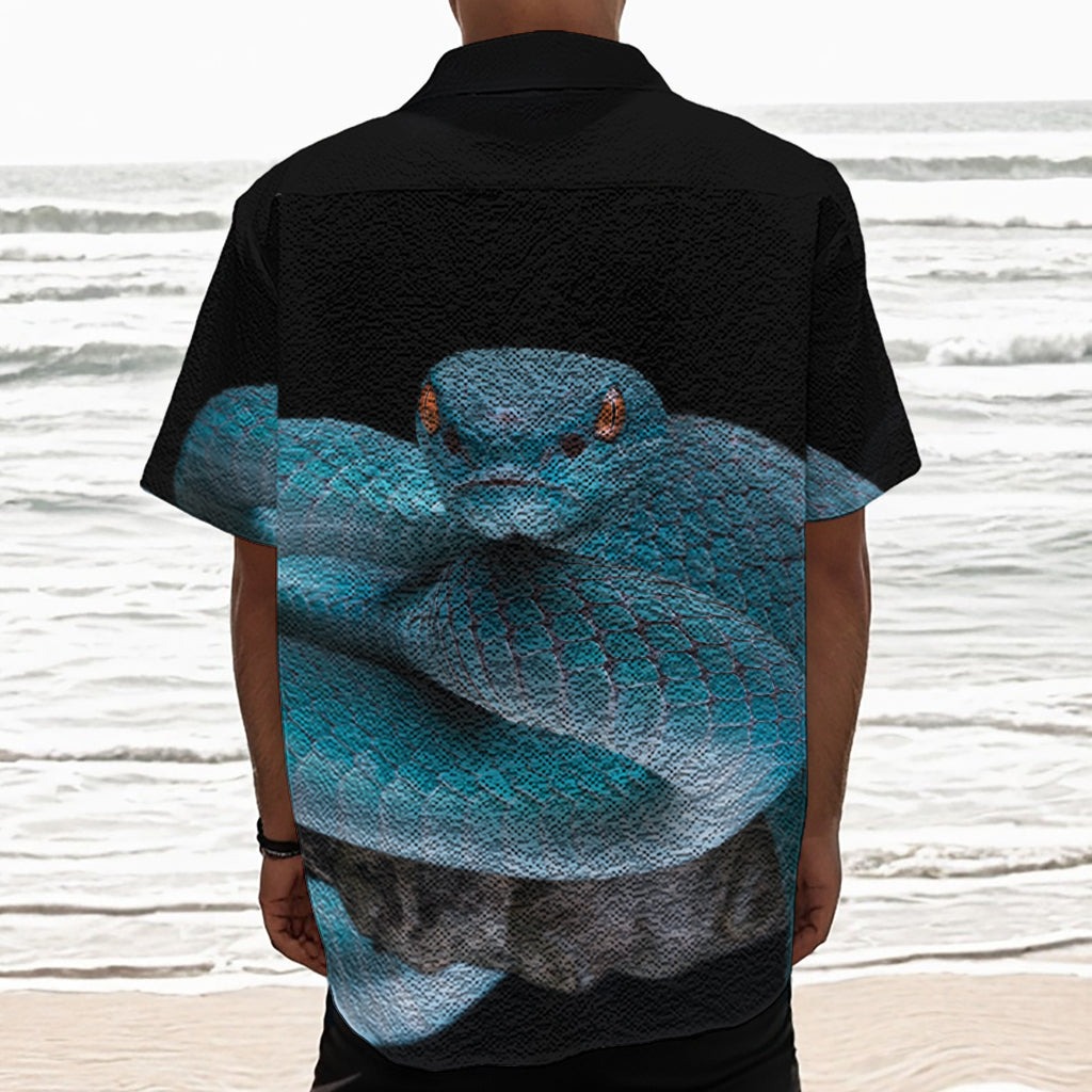 Blue Pit Viper Snake Print Textured Short Sleeve Shirt