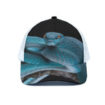 Blue Pit Viper Snake Print White Mesh Trucker Cap