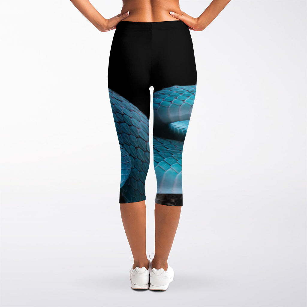Blue Pit Viper Snake Print Women's Capri Leggings