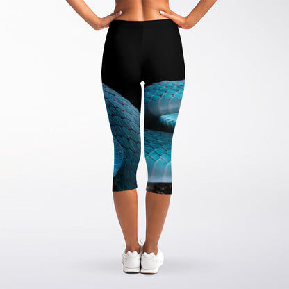 Blue Pit Viper Snake Print Women's Capri Leggings