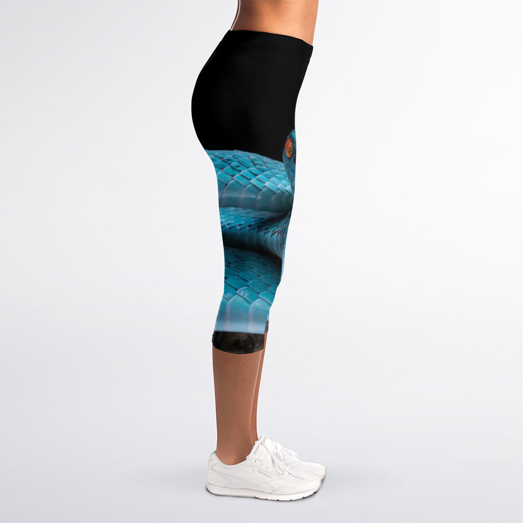 Blue Pit Viper Snake Print Women's Capri Leggings
