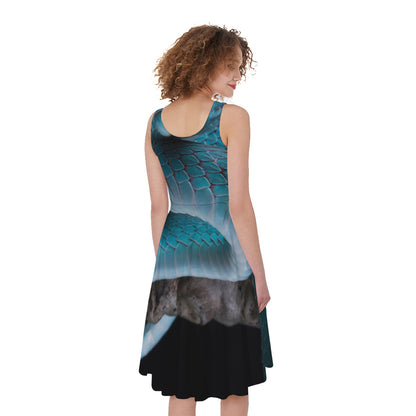 Blue Pit Viper Snake Print Women's Sleeveless Dress