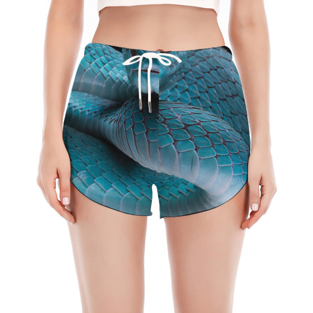 Blue Pit Viper Snake Print Women's Split Running Shorts