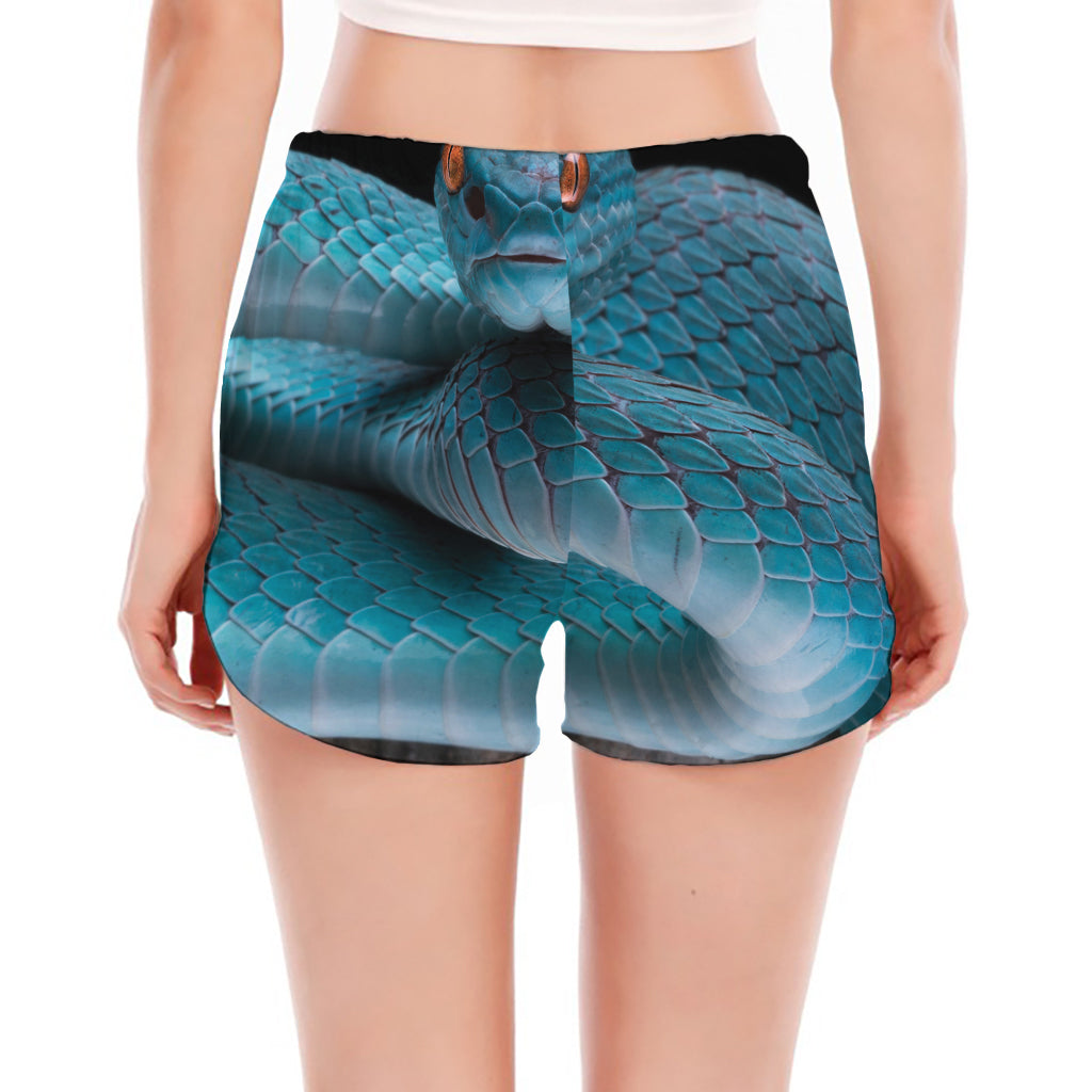 Blue Pit Viper Snake Print Women's Split Running Shorts