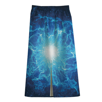 Blue Plasma Energy Print Cotton Front Slit Maxi Skirt
