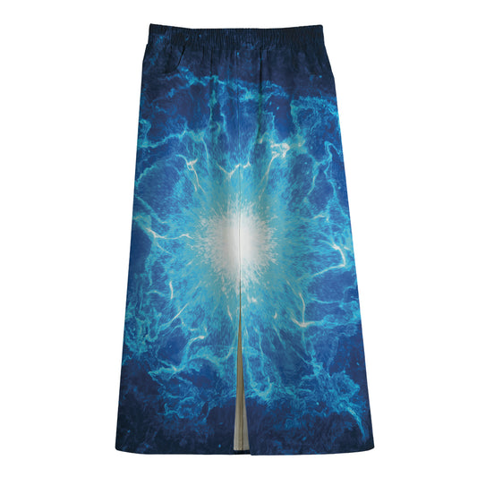 Blue Plasma Energy Print Cotton Front Slit Maxi Skirt