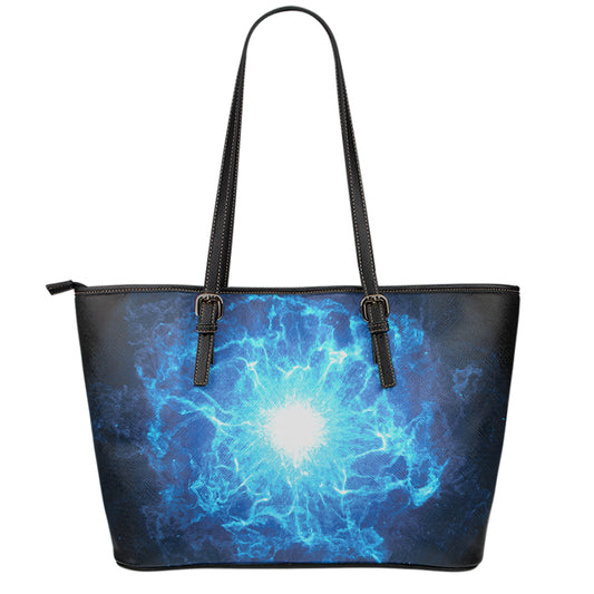 Blue Plasma Energy Print Leather Tote Bag