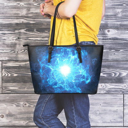 Blue Plasma Energy Print Leather Tote Bag