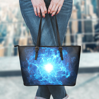 Blue Plasma Energy Print Leather Tote Bag