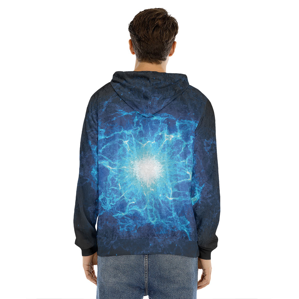 Blue Plasma Energy Print Men's Velvet Pullover Hoodie